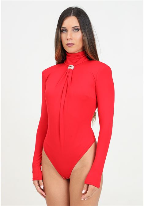 Body a manica lunga rosso da donna con drappeggio e placca logo ELISABETTA FRANCHI | BO00947E2CG5